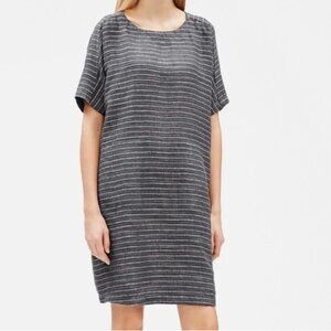 Eileen Fisher Scoop Neck Linen Striped Dress Women's XXS Oversized